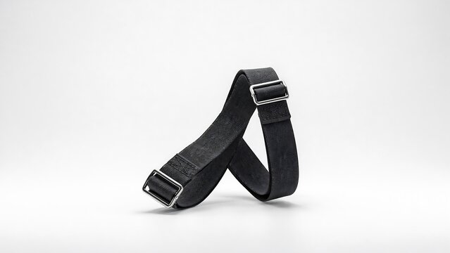 Black adjustable shoulder strap with metal buckles isolated on white background