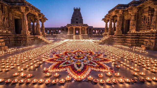 Ancient Indian temple courtyard illuminated with lamps and floral rangoli