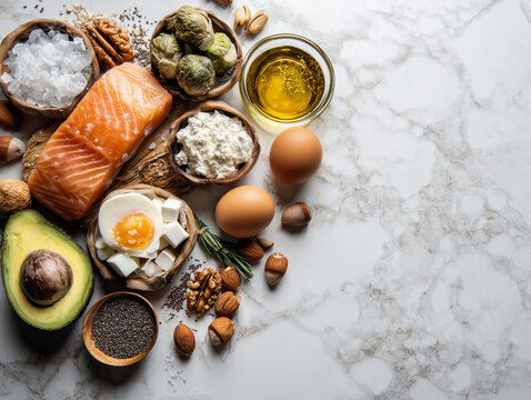 Premium assortment of ketogenic foods arranged in flat lay composition, copy space, natural window light, Scandinavian style, white marble background, soft shadows, magazine quality, commercial food p