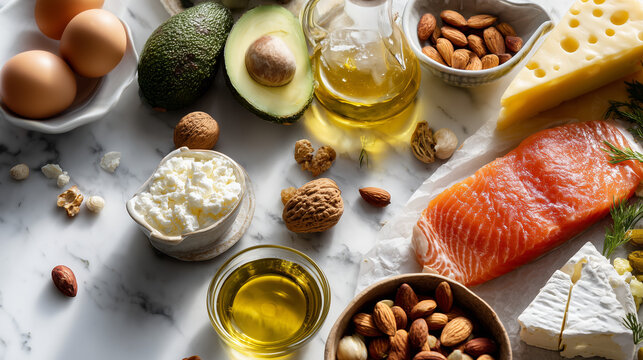 Premium assortment of ketogenic foods arranged in flat lay composition, copy space, natural window light, Scandinavian style, white marble background, soft shadows, magazine quality, commercial food p