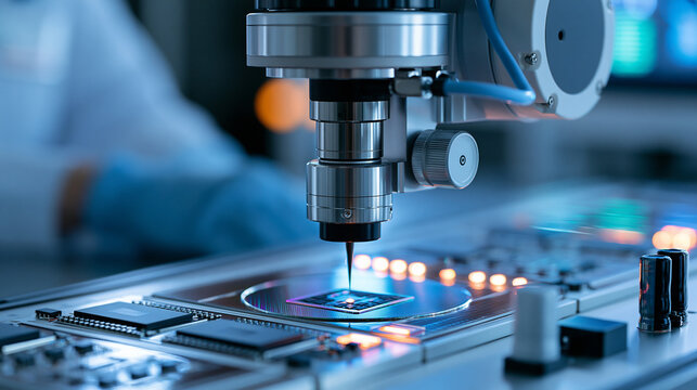 Automated robot arm checking silicon wafers and microcircuits in clean room laboratory, semiconductor technology concept, defocused background, with copy space