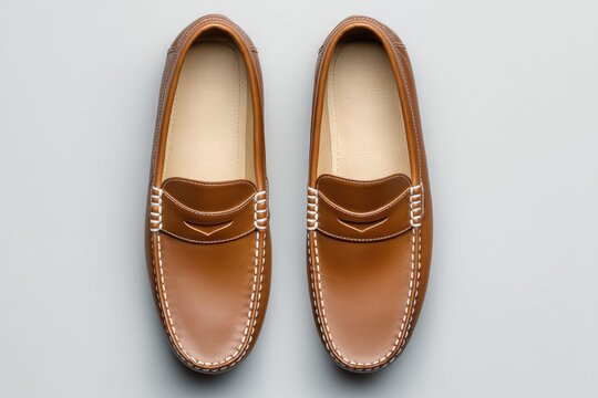 A pair of light brown leather loafers with white stitching are presented from an overhead perspective against a neutral gray backdrop.  The shoes feature a classic penny loafer design