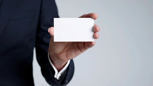 Businesswoman in suit and tie holding a blank white mock up card        