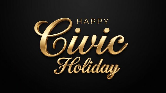 Golden Happy Civic Holiday typography on black background, elegant 3d metallic lettering, luxury celebratory greeting card design