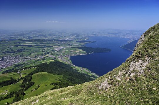 View from Rigi Kulm of Lake Zug with the narrowest point of the Kiemen, Canton of Lucerne, Switzerland