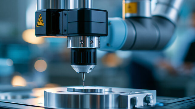 Close-up of dimensional inspection cell featuring coordinate measuring machine checking automotive body geometry, defocused background, with copy space