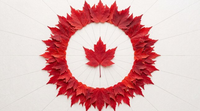 Red maple leaf circle on white background. Autumn foliage wreath with central leaf. Minimalist fall nature composition for Canadian national themes.