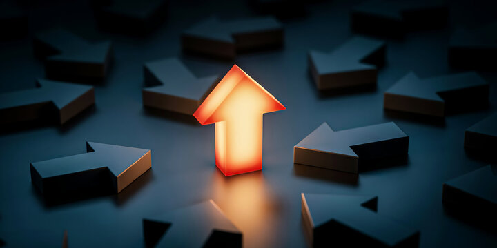 One bright glowing orange arrow standing out among dark downward arrows with different standing leadership contrast business decision direction strategy innovation opportunity motivation