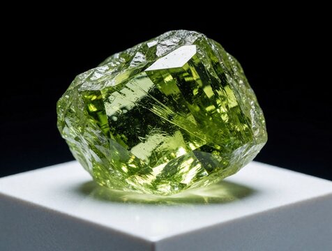 Rough green peridot crystal specimen sits on white cube. Transparent raw gemstone shows internal fractures. Natural mineral awaits faceting for jewelry.