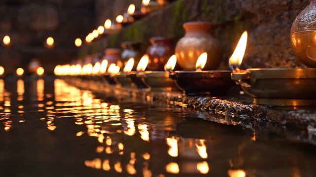 Burning diya oil lamps reflected in water during Diwali festival