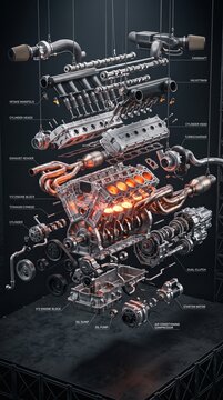 Detailed 3D technical exploded view diagram of a high performance V12 twin turbo engine showing internal fire combustion and mechanics