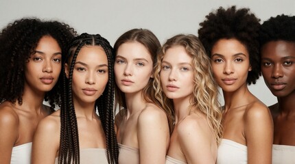 Fototapeta premium Diverse group of beautiful young women pose together against neutral background. Multicultural models with different skin tones, hair textures show unity. Studio portrait features various