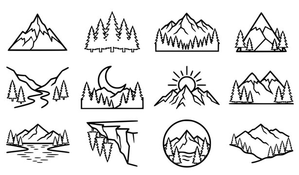 Generic mountain peaks and pine forests vector icon set with simple bold line art classic complete unbranded alpine ridge evergreen tree nature landscape clip art black and white