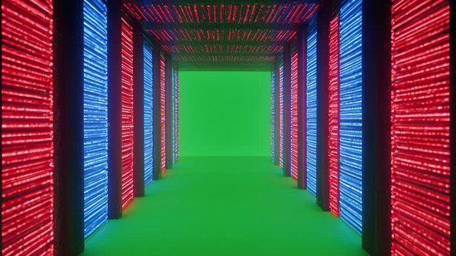 Abstract geometric tunnel with pulsing neon lights moving forward during a digital journey