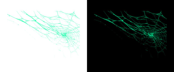 Glowing green spiderweb on black and white backgrounds, spooky neon spider web design elements for Halloween graphics © MuftiMoklesur