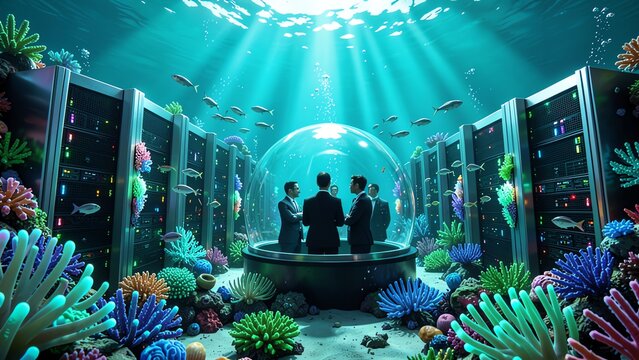 Underwater data center with glowing coral covered server pods and engineering team in observation dome