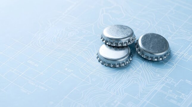 Silver bottle caps stacked on a light blue surface with blank space