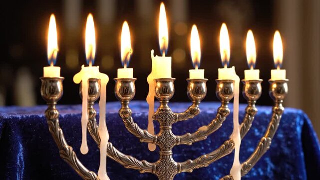 Burning Hanukkah menorah with dripping wax on blue cloth