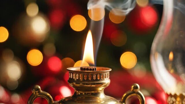 Burning oil lamp flame with Christmas bokeh background