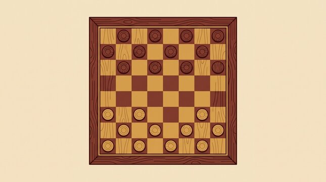 Wooden checkers board with pieces arranged for gameplay  