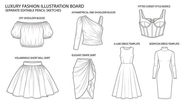 Luxury fashion illustration board featuring separate editable pencil sketches of women's apparel like off-shoulder blouses, asymmetrical tops, corset bodices, skirts, and dress templates for
