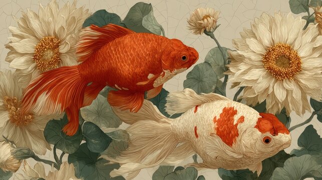 Two goldfish swim amongst creamy white flowers and green foliage, an artistic painting