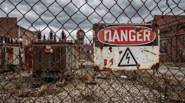 Weathered danger high voltage sign on a metal fence in an abandoned industrial zone.
