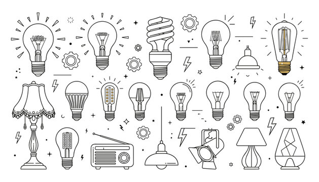 Vintage Light Bulb and Lighting Fixture Collection with Decorative Line Art, Lamps, Ceiling Lights, Edison Bulbs, and Electrical Symbols