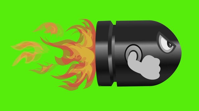 Flying Cartoon Bullet Character on Fire on Green Screen Chroma Key Background