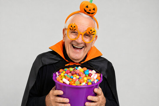Joyful senior man wearing a Halloween vampire cape, funny pumpkin novelty glasses, and a headband, laughing while holding a large purple bucket full of colorful candies and sweets.