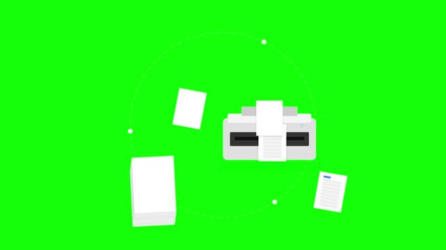 Animated Printer with Falling Papers on Green Screen Background Loop.