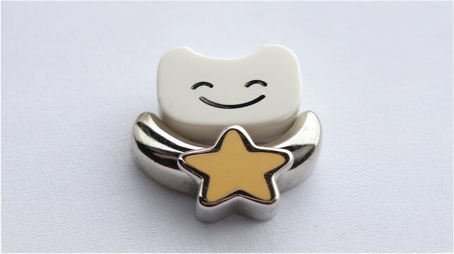 Cute smiling tooth holding a star charm with a joyful face on a plain background