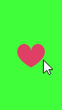 Animated red heart button with a hand cursor clicking for social media engagement, like reactions, app interfaces, tutorials, and digital interaction graphics.
