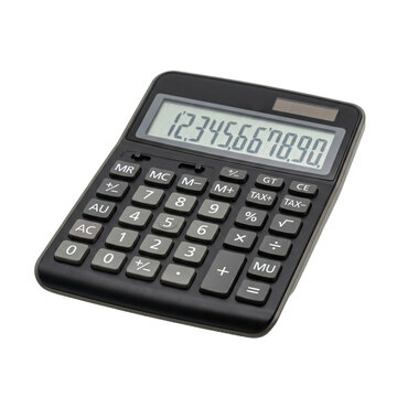 A black office calculator with a large digital display showing numbers isolated on a solid black background for business and financial accounting work concepts