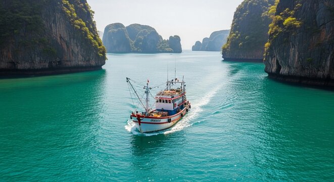 A fishing trawler sails through turquoise waters surrounded by karst islands under a bright sunny sky.