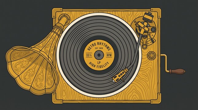 Vintage gramophone with vinyl record on dark background  