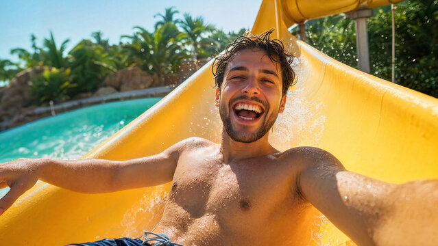 Happy young man taking video selfie while sliding down yellow water slide at water park