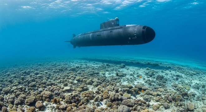 A modern submarine glides silently through clear blue ocean water above a vibrant coral reef.