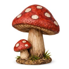 Fototapeta premium Two red and white spotted mushrooms on a small patch of grass.