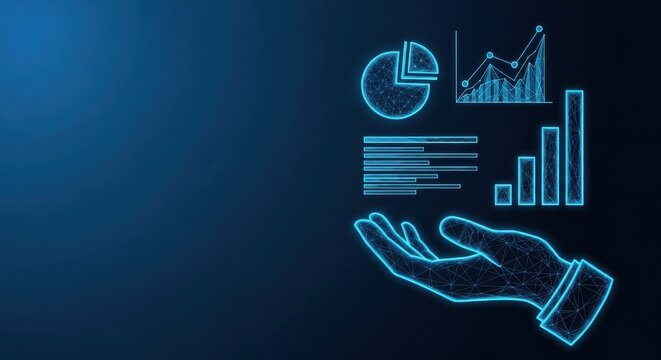 Hand holding glowing digital data analytics charts and graphs in a futuristic blue neon wireframe.