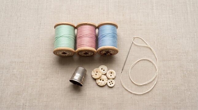 Sewing supplies with thread, buttons, thimble, and elastic cord  