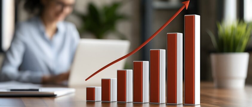 photorealistic macro style financial visualization showing ascending investment bars and a smooth upward trend line on a polished wooden desk, blurred business analyst working in background, dramatic