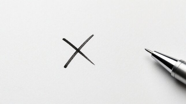 Black ink X mark drawn on white paper. Silver mechanical pencil lies nearby on desk. Minimalist concept of error, rejection, failed test. Simple stationery setup for office work, school assessment,