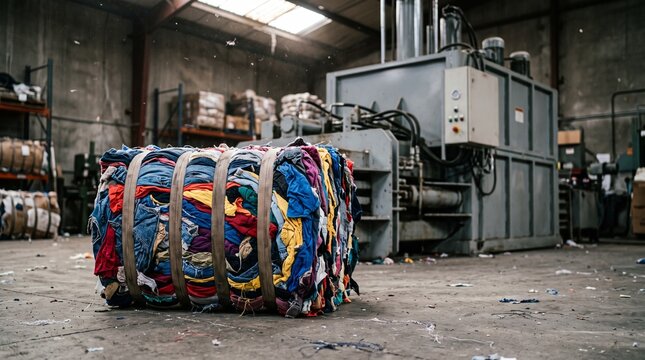 Compressed clothing bale shows the industrial scale of textile waste