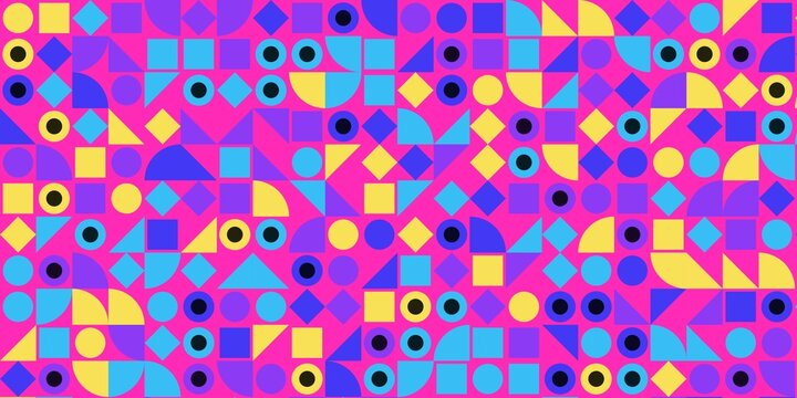 Geometric pattern with colorful shapes and circles on pink background design wallpaper.
