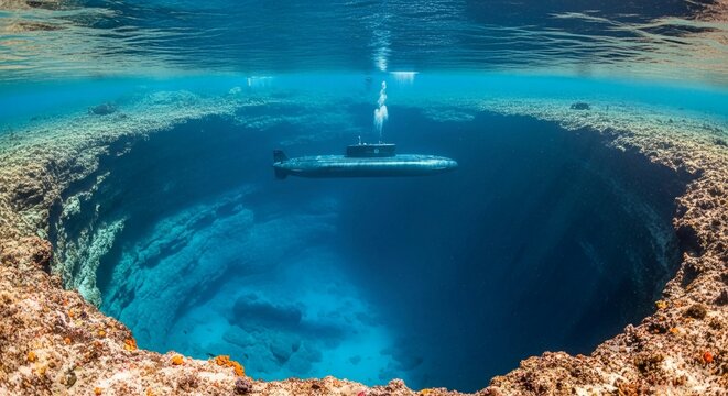 A sleek submarine navigates the mysterious depths of a vibrant coral reef, exploring the unseen wonders of the ocean floor.