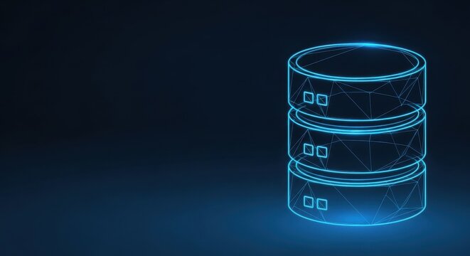 Futuristic Neon Blue Database Stack Representing Digital Information Storage and Network Connectivity
