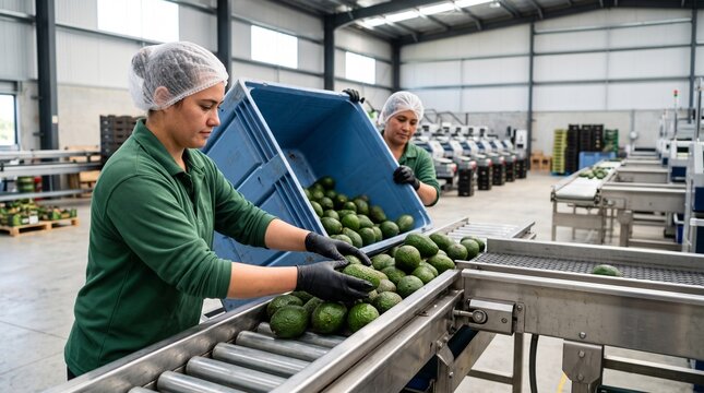 Workers receive locally grown avocados at a New Zealand packhouse
