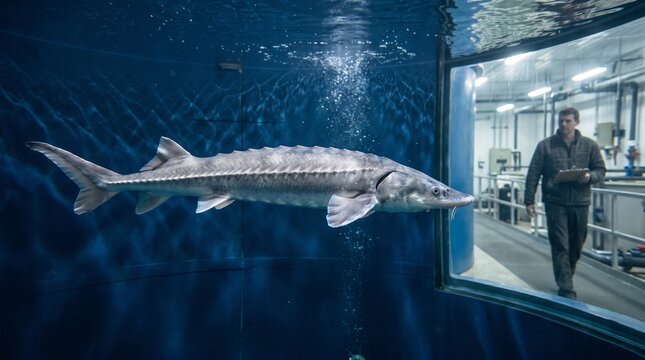 Sturgeon swimming in a modern recirculating hatchery tank