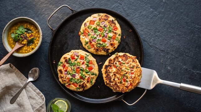 Mini jowar uttapam with vegetables on a breakfast griddle